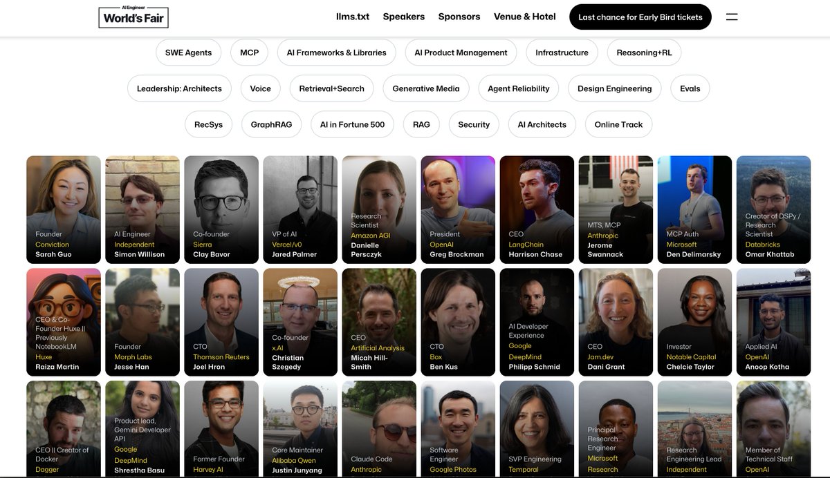 AI Engineer (@aidotengineer) on Twitter photo 👀 Speaker drop!
"The only conference your engineers NEEED to attend"
the SOTA in AI Engineering from <a href="/saranormous/">sarah guo // conviction</a> <a href="/simonw/">Simon Willison</a> <a href="/gdb/">Greg Brockman</a> @anthropicai <a href="/raizamrtn/">Raiza Martin</a> <a href="/ben_kus/">Ben Kus</a> <a href="/ArtificialAnlys/">Artificial Analysis</a> <a href="/jessemhan/">Jesse Michael Han</a> <a href="/thedanigrant/">Dani Grant</a> <a href="/willccbb/">will brown</a> <a href="/JustinLin610/">Junyang Lin</a> <a href="/shresbm/">Shrestha Basu Mallick</a> <a href="/kwindla/">kwindla</a> <a href="/ankrgyl/">Ankur Goyal</a> (and a few more to be 👀 Speaker drop!
"The only conference your engineers NEEED to attend"
the SOTA in AI Engineering from <a href="/saranormous/">sarah guo // conviction</a> <a href="/simonw/">Simon Willison</a> <a href="/gdb/">Greg Brockman</a> @anthropicai <a href="/raizamrtn/">Raiza Martin</a> <a href="/ben_kus/">Ben Kus</a> <a href="/ArtificialAnlys/">Artificial Analysis</a> <a href="/jessemhan/">Jesse Michael Han</a> <a href="/thedanigrant/">Dani Grant</a> <a href="/willccbb/">will brown</a> <a href="/JustinLin610/">Junyang Lin</a> <a href="/shresbm/">Shrestha Basu Mallick</a> <a href="/kwindla/">kwindla</a> <a href="/ankrgyl/">Ankur Goyal</a> (and a few more to be