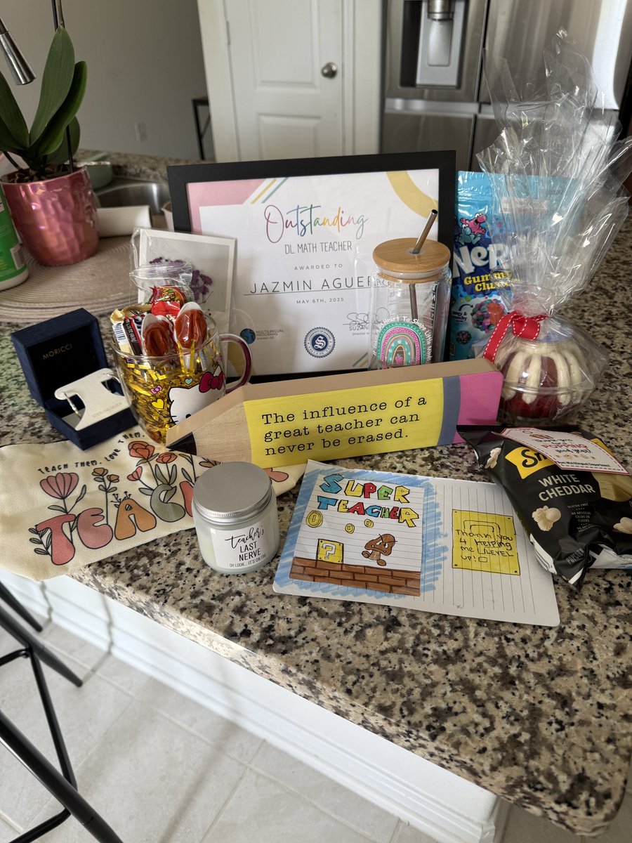 MrsAgueroMath's tweet photo. Day #3 of #TeacherAppreciationWeek - The Multilingual Department came to visit me during my Dual Language class to present me with this award after 2 of the kiddos gifted me some more goodies. I feel their love &amp; I’m so grateful for them 💙💙💙 https://t.co/0et5k7WS8a