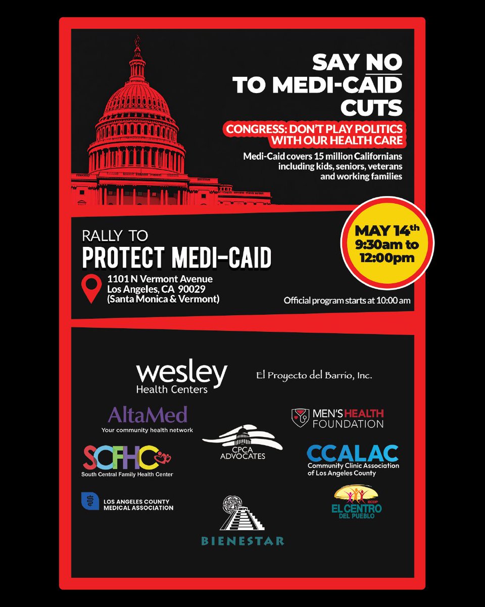 Say no to Medicaid cuts and join the rally on Wednesday, May 14 at 9:30 a.m.

Bring your own signs to 1101 N. Vermont Ave., Los Angeles, 90029. Parking will be limited, so ride-sharing and carpooling is encouraged.

For updates, RSVP by emailing FPortillo@jwch.org.