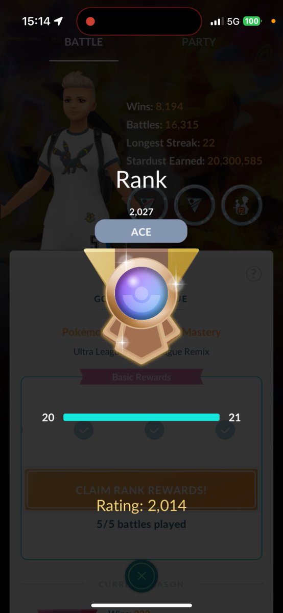 BlueToed's tweet photo. After only using all #Eeevee teams to rank 20, I decided to play this team in #GBL Remix. Climbed from 1526 to 2027 to #Ace after building my first #CorviKnight. Yay Me :-) #PokemonGo #GreatLeague #PvP ✌🏼💙🐒🕹️ https://t.co/X8sSsY6F0S