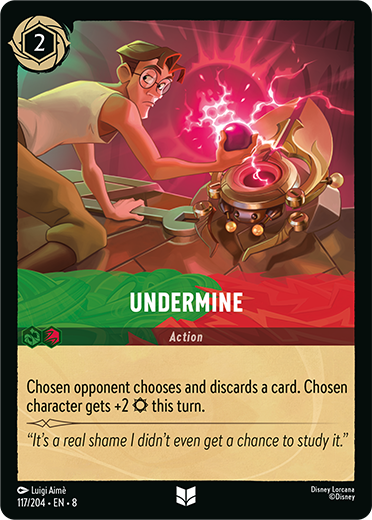 Discard a card, Ill pump Ursula and take your your character.

This might get Emerald Ruby Discard some play in the meta.

DisneyLorcana.com #ReignOfJafar