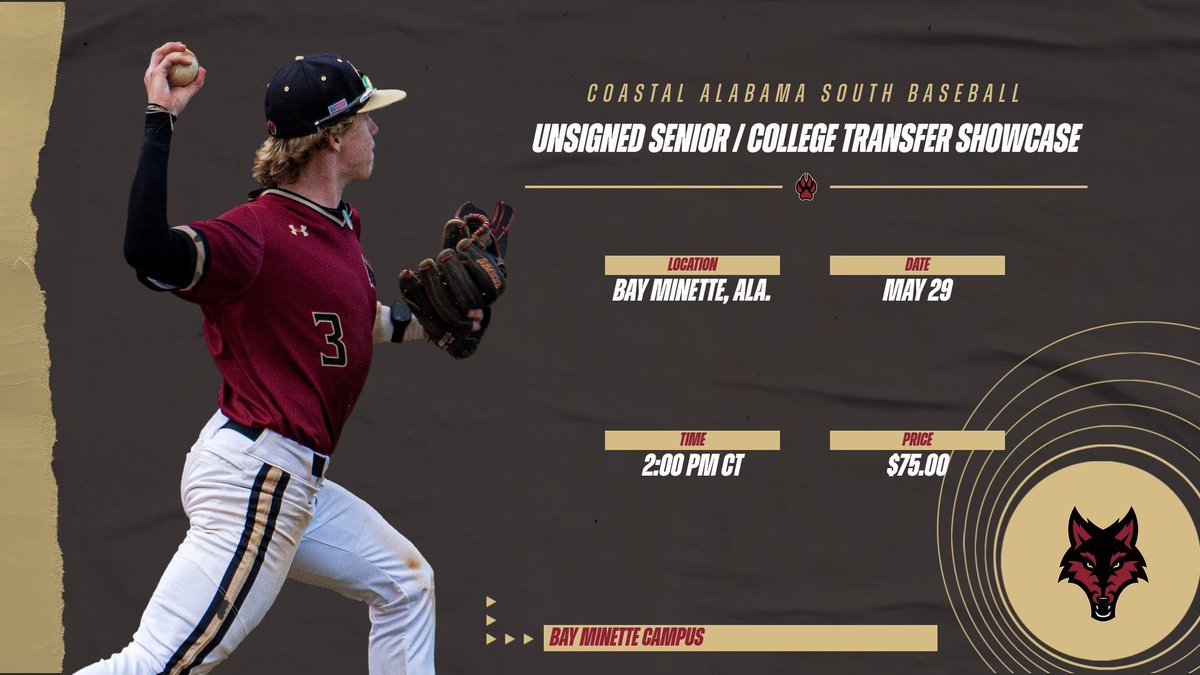 BSB ⚾️ | The Coastal Alabama South Baseball program is holding a showcase for college transfers and unsigned seniors at the CACC South Baseball field on May 29!

Cost is $75.00 and transfers must bring copy of release paperwork to attend.

#GoYotes | <a href="/CoyoteSouthBSB/">CA South Coyote Baseball</a>
