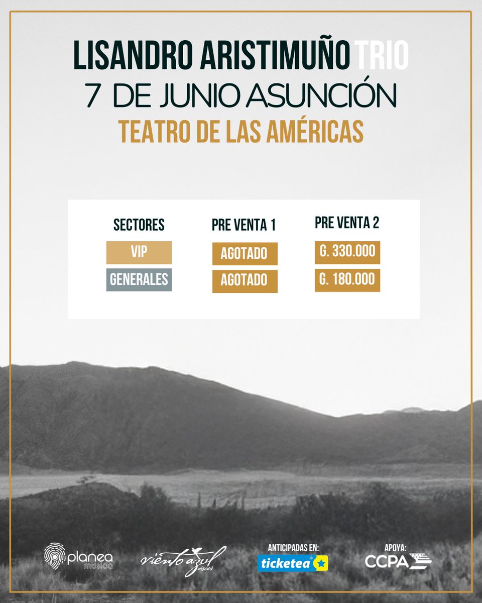 ⏳ ¡LOTE 1 AGOTADO!
📣 YA ESTÁ HABILITADO EL LOTE 2

🎶 No te pierdas el Concierto de Lisandro Aristimuño en formato trío por primera vez en Asunción 🎶

🌙 Una noche única en el Teatro de las Américas, con apertura especial de <a href="/PuraheiSoul/">Purahéi Soul</a> ❤️‍🔥

🎟️ Entradas en <a href="/TicketeaPy/">Ticketea Paraguay</a>