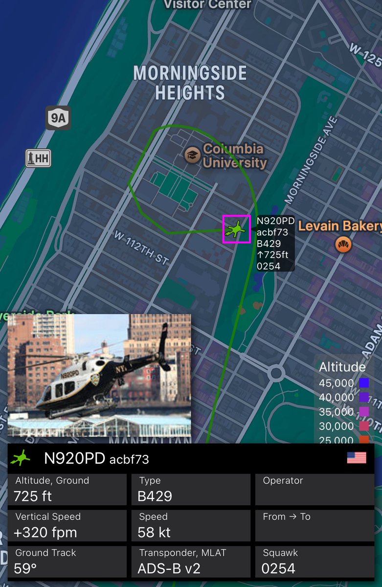 An NYPD helicopter is hovering at 725 feet over Columbia University