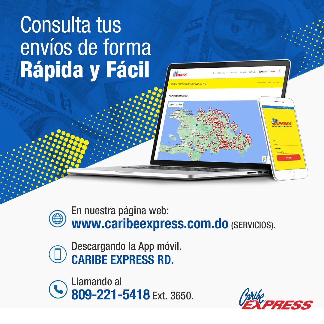 Consulta tus envíos de forma Rápida y Fácil 🏃

🖥 caribeexpress.com.do
📲 App móvil.
📞 809-221-5418.