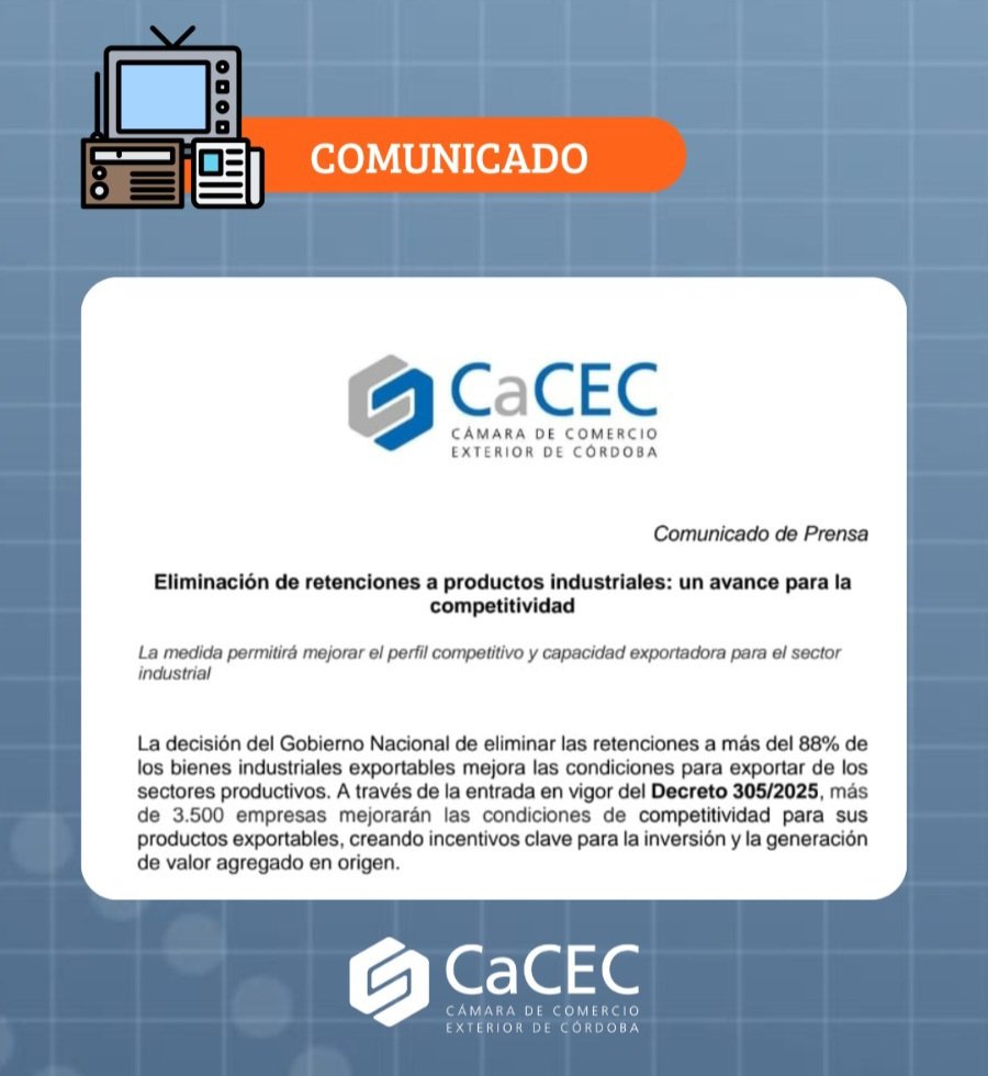 CaCECba's tweet photo. 📢 Comunicado de prensa emitido por #CaCEC en el día de hoy. #retenciones #industria #exportación 
https://t.co/fQVrsR0Ya3 https://t.co/Y6UsXo2gZk