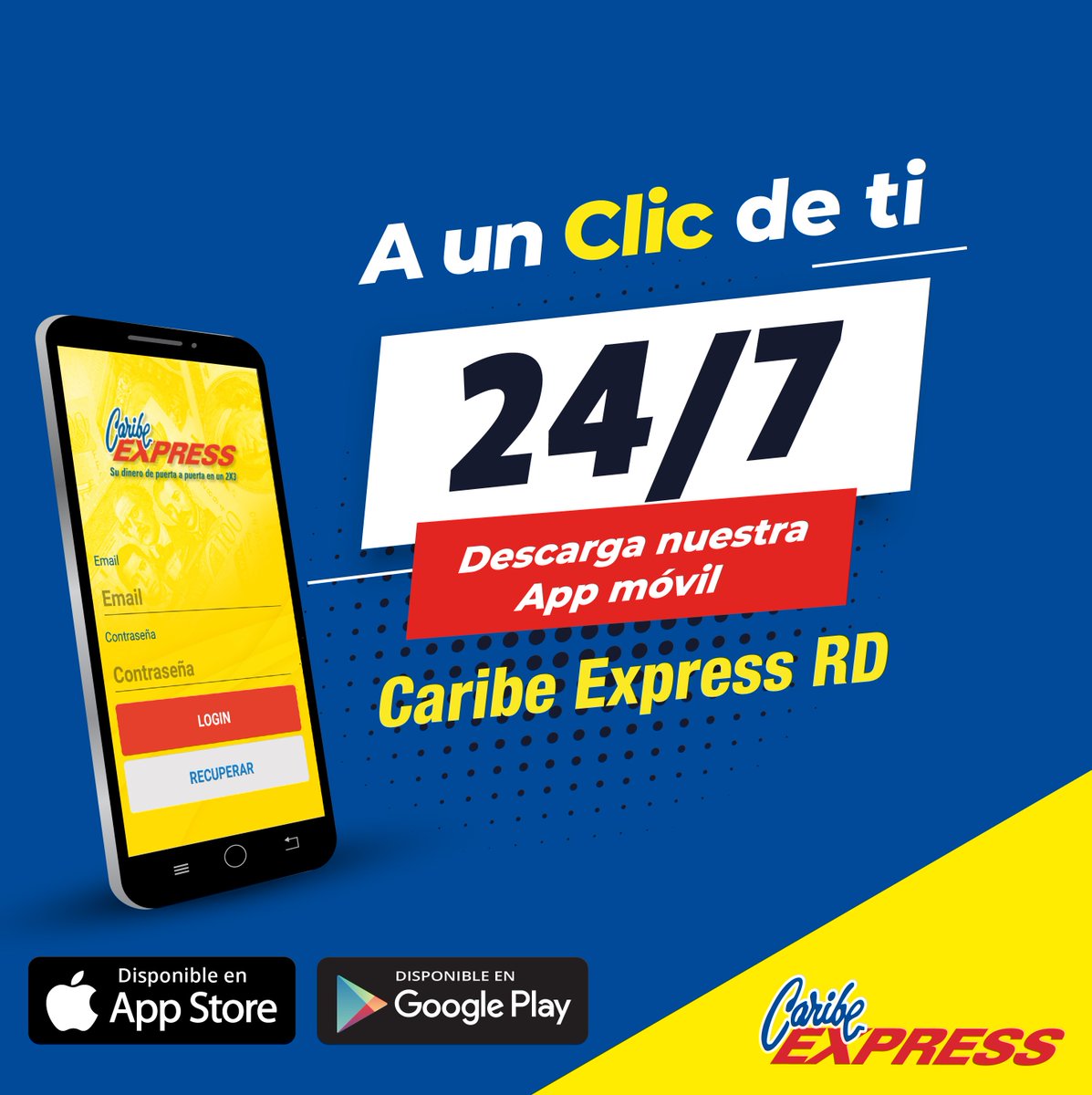 AHORA!
A un clic de ti...📲✔

Descarga nuestra App Móvil.

- Consulta de Envíos.
- Disponibilidad de Envíos.
- Costo de Remesas.
- Sucursales Disponibles.

#GenteCaribe
#CaribeExpressRD