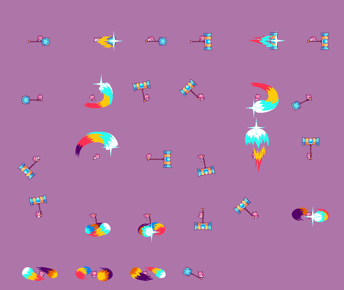 AstropodsGame's tweet photo. I actually like kit design and game balancing more, but making sprites is a very cool part of the job too!

Here are Hemi's sprites, alongside her hammer attacks! 

Sorry there's a lot of space in between, they both need it.

#indiegame #gamedev #pixelart https://t.co/8B2ZgMaPRW