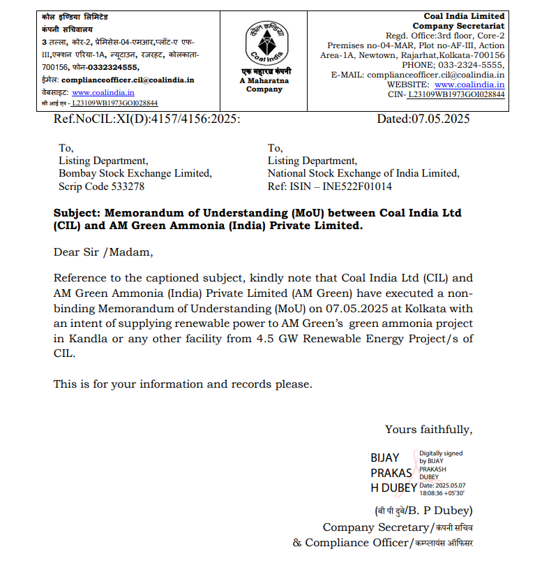vluxeinvests's tweet photo. ⚡️ Coal India signs MoU with AM Green Ammonia
👉🏻 CIL to supply renewable power from its 4.5 GW RE projects
👉🏻 Power to be used at AM Green's ammonia facility in Kandla or other sites
👉🏻 MoU signed on 07-May-2025 in Kolkata
#CoalIndia #AMGreen #GreenAmmonia #RenewableEnergy #EnergyTransition