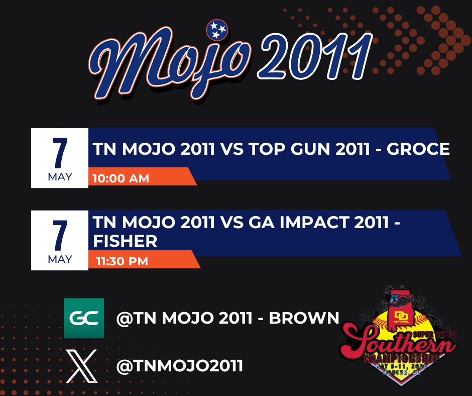 Competing in Hoover, AL this weekend with a few more of our own Mojo girls at the PGF Super Select Southern Championship.  Can't wait to get back on the field with this group!  Pool games start Friday morning with bracket to follow.  All game times are CST.