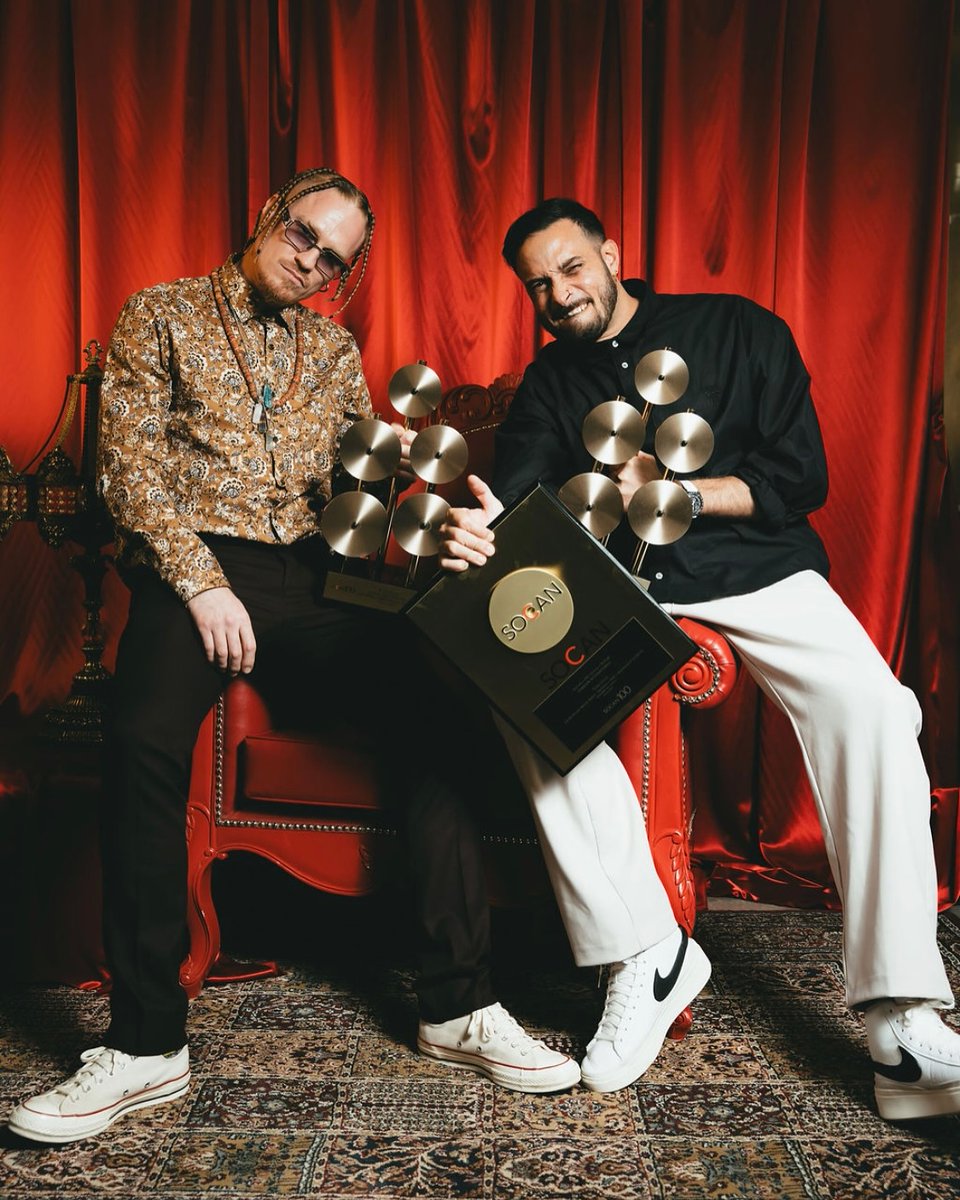 Merci <a href="/SOCANmusique/">SOCAN</a> . Nous sommes très fiers de d'avoir remporté le prix Auteur-compositeur producteur, remis à l’œuvre la plus jouée en 2023 et 2024 🙏