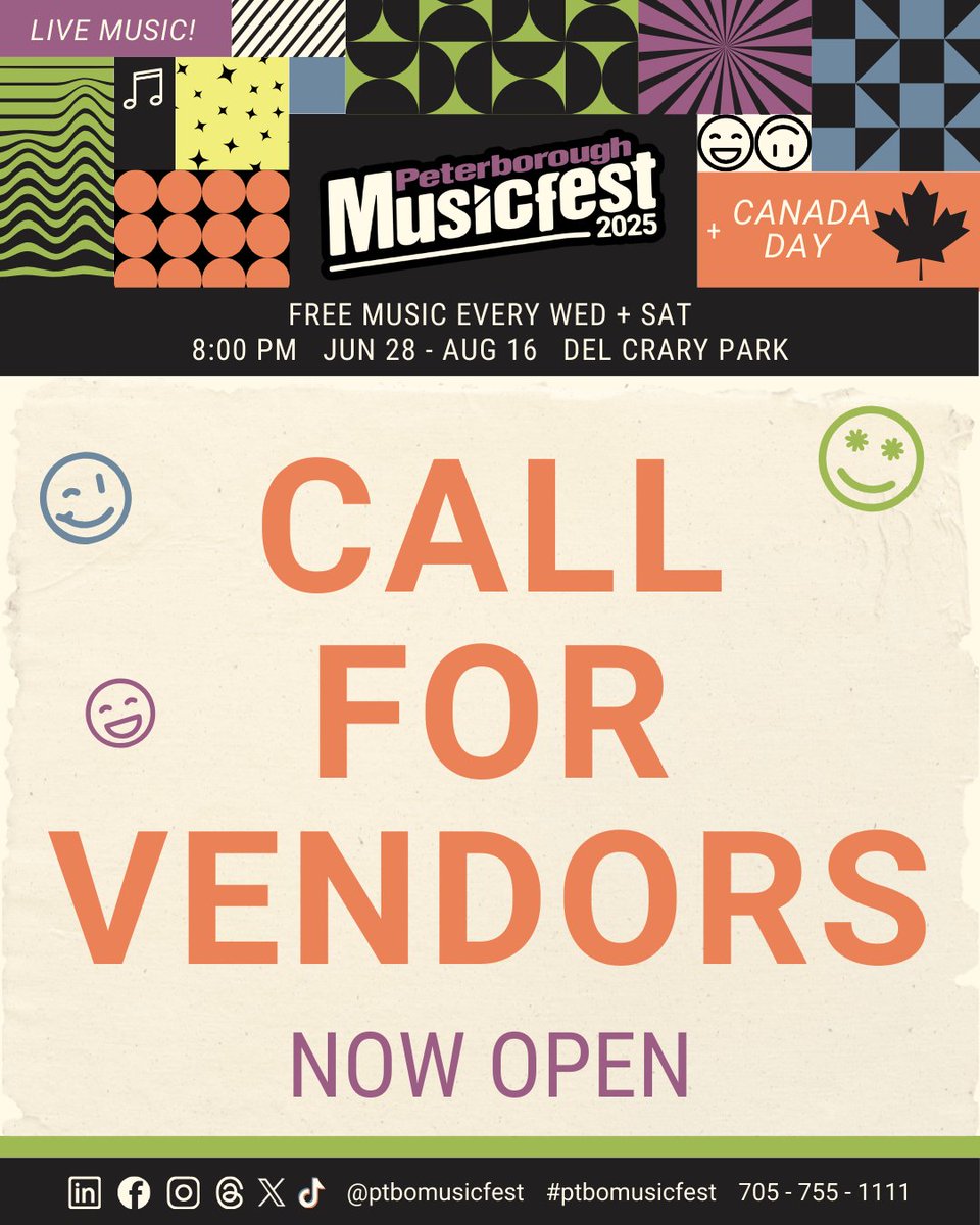 🌟 Now Accepting Vendor Applications! 🌟
Peterborough Musicfest is looking for food, retail &amp; service vendors for its 38th season! 🚀
📅 Apply now: bit.ly/PMFVendors

#PeterboroughMusicfest #VendorOpportunities #FestivalVendors #SummerFest2025