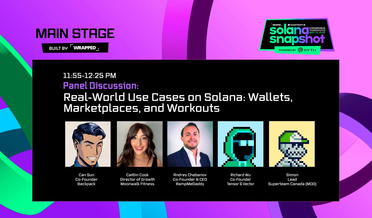 wrappedxyz's tweet photo. Join us at Solana Snapshot | Consensus Toronto for a Panel Discussion on Real-World Use Cases on Solana: Wallets, Marketplaces, and Workouts!

Featuring:
✔️ @Backpack 
✔️ @moonwalkfitness 
✔️ @RMD_Wallet 
✔️ @tensor_hq 
✔️ @SuperteamCAN 

RSVP: https://t.co/T8JHmqOFhK https://t.co/QV2t5QC3FY