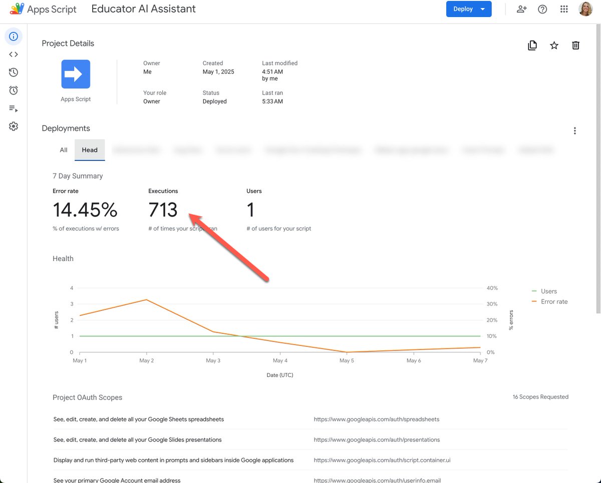 alicekeeler's tweet image. I&apos;ve been testing educatoraiassistant.com (still not approved but getting closer) 

Apparently I&apos;ve tested it 713 times in less than a week. 

Hoping to get this approved this week, fingers crossed! 

#EduSky #AITeacher #AItoolkit #GoogleDeveloperExpert