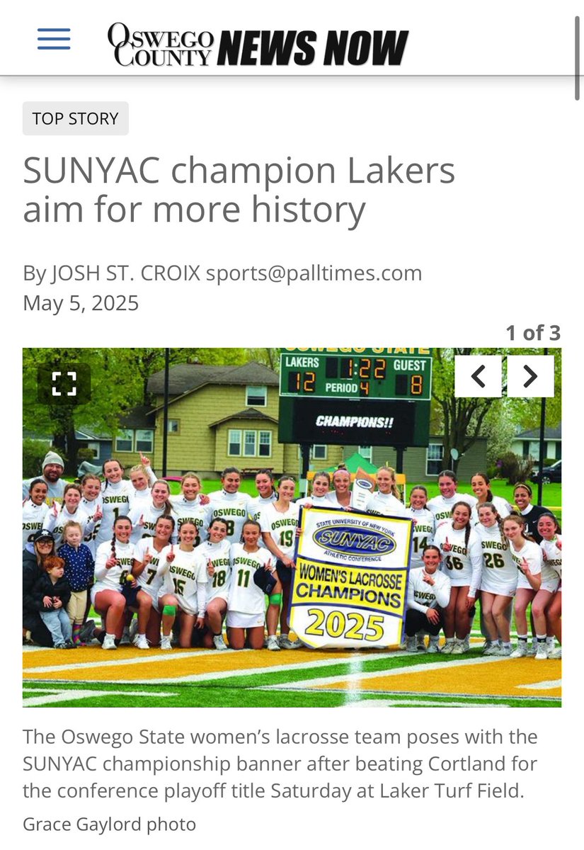 CHUFSD Athletics, PE, and Health (@crotonathletics) on Twitter photo 🥍 Congratulations to Cassidy Croce (CHHS ‘23) & the Oswego State Lakers on winning the SUNYAC Championship for the first time ever! Cass scored two goals in the championship game! 🙌 Her team will now compete in the NCAA Dlll Tourney. We are proud of you! <a href="/CHHSGLAX/">CHHS Girls Varsity Lacrosse</a> <a href="/OswegoState/">OswegoState</a> 🥍 Congratulations to Cassidy Croce (CHHS ‘23) & the Oswego State Lakers on winning the SUNYAC Championship for the first time ever! Cass scored two goals in the championship game! 🙌 Her team will now compete in the NCAA Dlll Tourney. We are proud of you! <a href="/CHHSGLAX/">CHHS Girls Varsity Lacrosse</a> <a href="/OswegoState/">OswegoState</a>