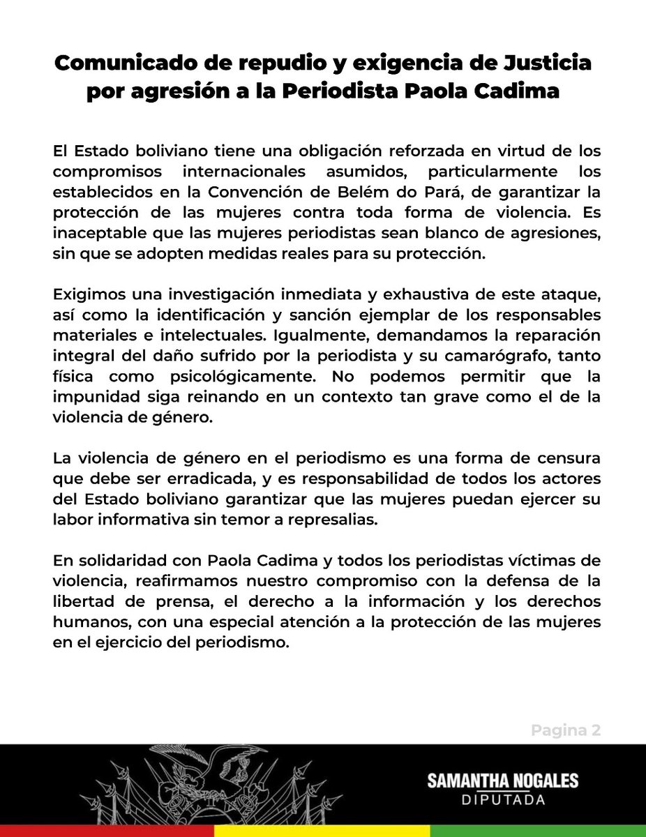 Repudio totalmente las agresiones a Paola Cadima ,una gran periodista y profesional. 
La violencia es totalmente inadmisible.