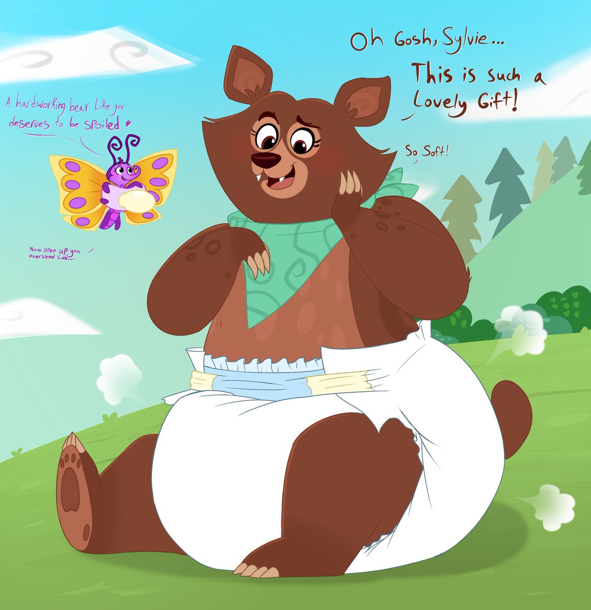 An oversized cub and his butterfly buddy~