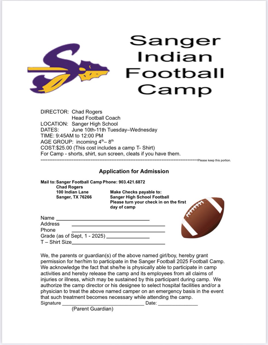 Official Football Camp invite from <a href="/CoachChadRogers/">Chad Rogers</a>. We are having our football camp June 10th and 11th and if you know any incoming 4th-8th graders tell them to sign up. See y’all there 💪

#TRIBE #WAR