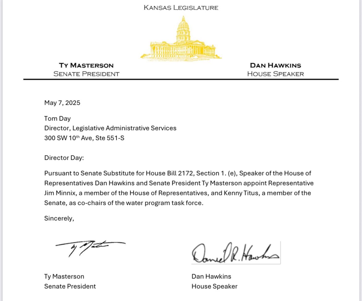 I’m honored to be appointed co-chair of the Water Program Task Force along with Rep. Jim Minnix and I’m excited to get to work! #ksleg