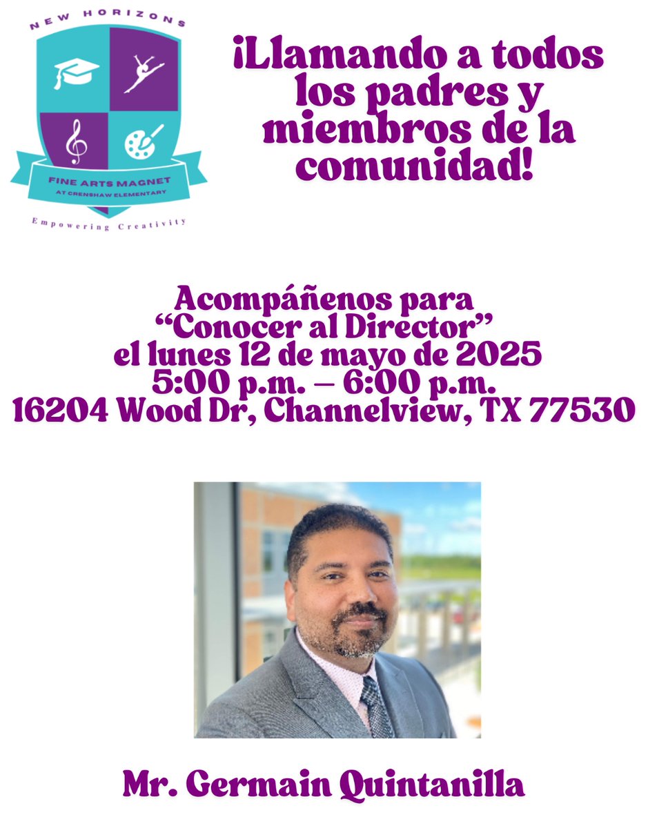 Cynthia Peña Lopez, M.Ed (@clopez121299) on Twitter photo Acompáñenos el 12 de mayo de 5:00 a 6:00 p. m. para darle la bienvenida a nuestro nuevo director a la familia escolar. ¡Estamos emocionados de comenzar esta nueva etapa juntos!
<a href="/crenshawcubs/">Crenshaw Elementary</a> <a href="/Mr_Quintanilla1/">Germain Quintanilla, M.A.Ed</a> <a href="/ChannelviewISD/">Channelview Independent School District</a> Acompáñenos el 12 de mayo de 5:00 a 6:00 p. m. para darle la bienvenida a nuestro nuevo director a la familia escolar. ¡Estamos emocionados de comenzar esta nueva etapa juntos!
<a href="/crenshawcubs/">Crenshaw Elementary</a> <a href="/Mr_Quintanilla1/">Germain Quintanilla, M.A.Ed</a> <a href="/ChannelviewISD/">Channelview Independent School District</a>