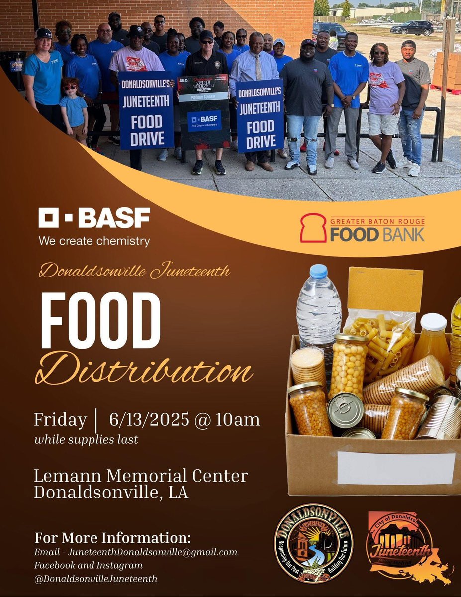4th Annual Juneteenth Food Distribution sponsored by BASF! 

Friday, June 13, 2025 @ 10am
Lemann Center in Donaldsonville, LA

Line-up starts on Clay Street.