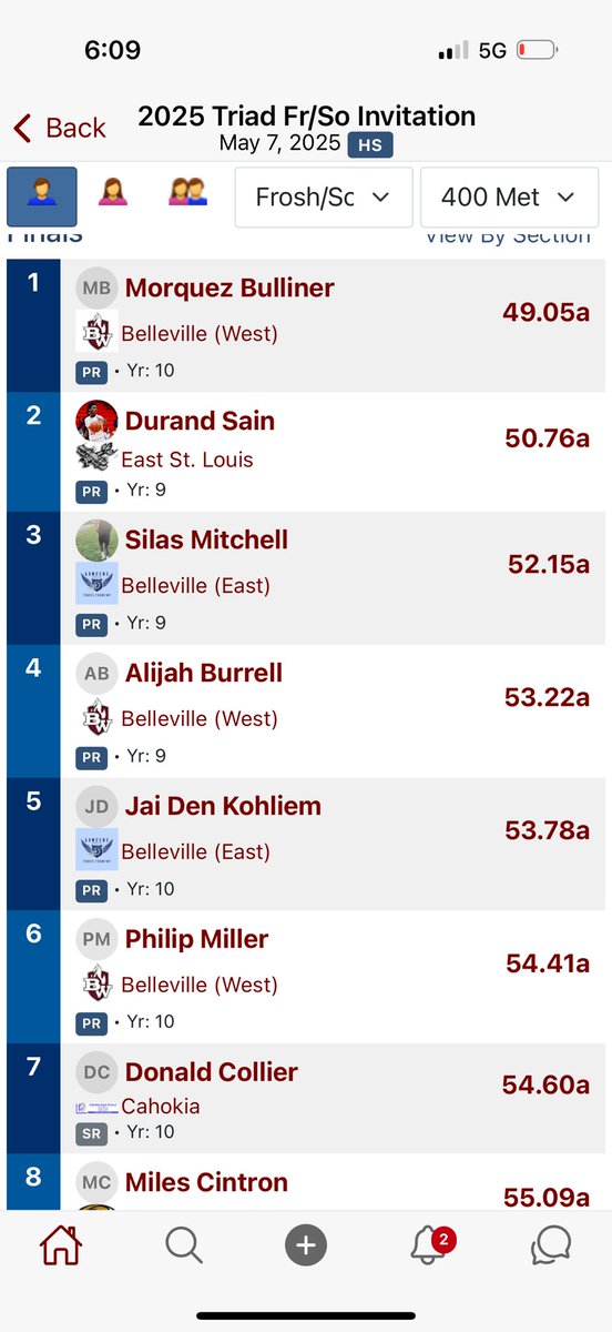 Morquez Bulliner breaks the F/S 400 record in 4️⃣9️⃣.0️⃣5️⃣ at the Knights F/S Invite. That time moves Quez to IL#16 <a href="/BWestAthletics/">BW Athletics</a> <a href="/bellevillenewsd/">BND.com</a> <a href="/STLhssports/">STLhighschoolsports</a> <a href="/IllinoisRunNews/">Illinois Running News</a> <a href="/MSHeartland_/">MileSplit Heartland</a>