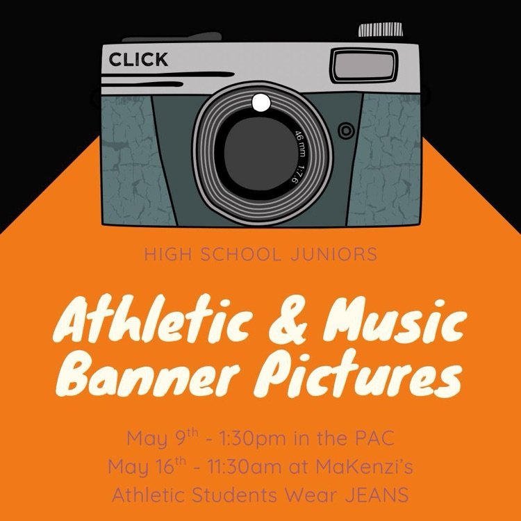 🟠⚫️⚪️OHS Athletic and Music Juniors⚪️⚫️🟠

Banner pictures will be taken on the following dates: 
May 9th at 1:30 pm in the PAC
May 16 at 11:30 at MaKenzi's

*athletic seniors wear jeans*