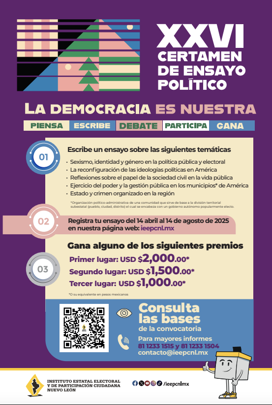 Tec_SanJuan's tweet image. #InformaTec
Comunidad  #TecSanJuan📷📷
¡Participa en el XXVI Certamen de Ensayo Político del Instituto Estatal Electoral y de Participación Ciudadana de Nuevo León! 
 ¡Gana hasta $2,000 USD en premios!
Consulta las bases aquí: bit.ly/4k6NJ9 o escaneando el código QR.