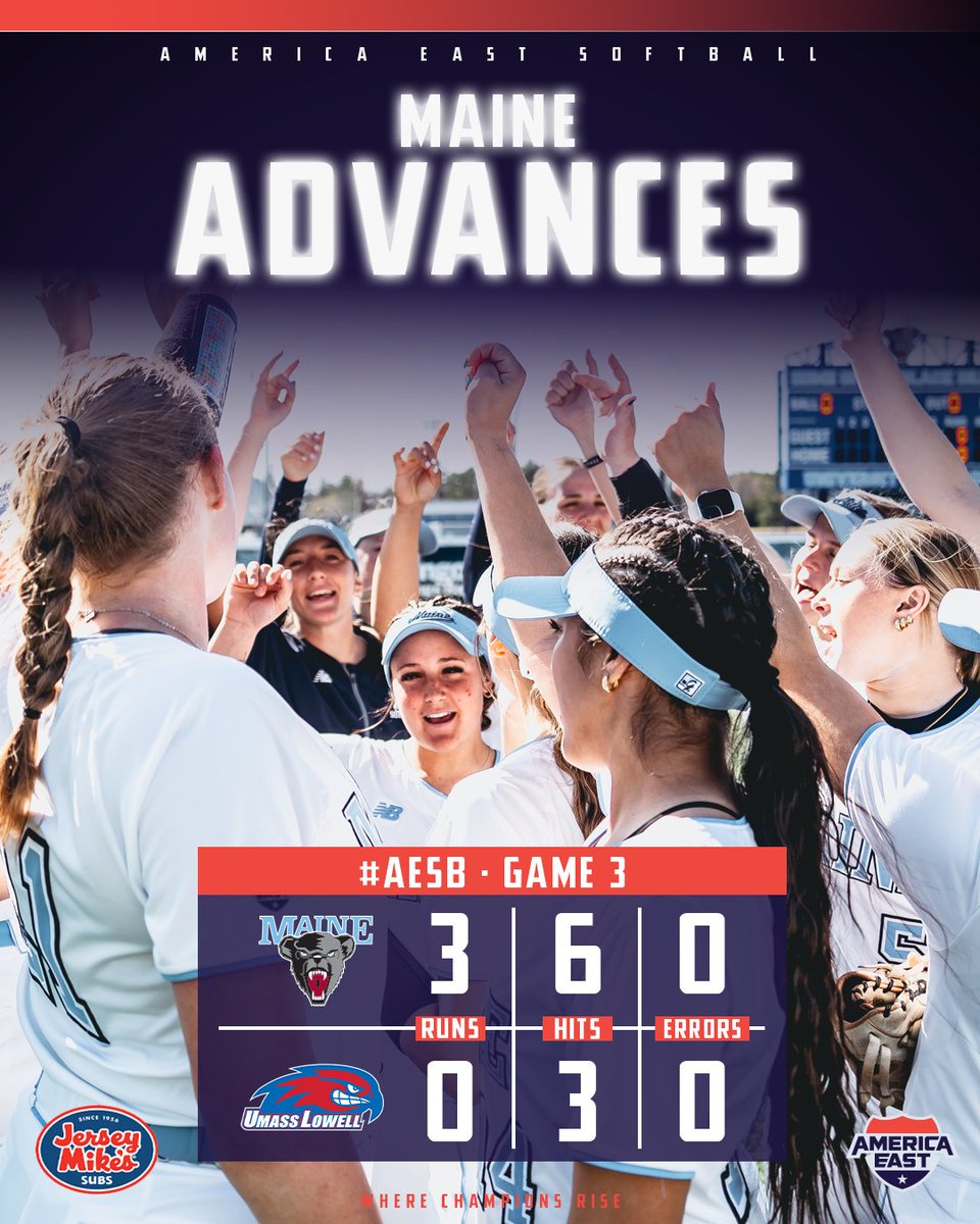America East (@americaeast) on Twitter photo The Black Bears secure a 3-0 win over UMass Lowell to advance to Day 2 of the #AESB Championship Tournament!
<a href="/Maine_Softball/">Maine Softball</a> will play tomorrow at 4 p.m. The Black Bears secure a 3-0 win over UMass Lowell to advance to Day 2 of the #AESB Championship Tournament!
<a href="/Maine_Softball/">Maine Softball</a> will play tomorrow at 4 p.m.