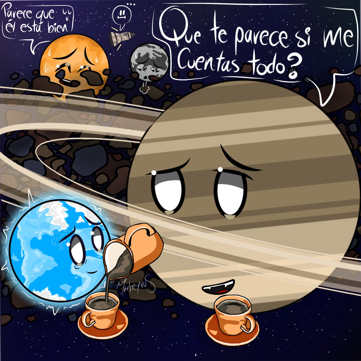 "Una pausa para el café" ☕🌎🪐

Hubiera sido lindo algo parecido. 
Saturno tipo: 
Al diablo con el cinturón de asteroides!!😡💀
...
Te escucho pequeño tierra 🥰✨

#solarballs #solarballsart