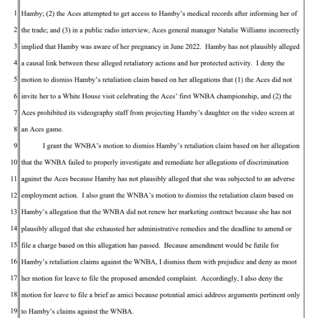 In some non-NCAA sports law news, Chief Judge Andrew Gordon of the U.S. District Court of Nevada has granted in part and denied in part Dearica Hamby's pregnancy discrimination lawsuit against the Las Vegas Aces and WNBA, leaving in place some of the claims against the Aces.