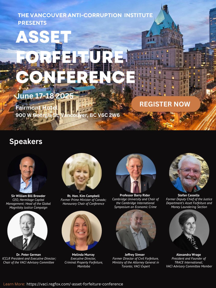 Join us for the Asset Forfeiture Conference on June 17-18. Chaired by Rt. Hon. Kim Campbell, the #conference features an outstanding line-up of speakers who will shine a spotlight on #civilforfeiture, #criminalforfeiture, #UWOs and many other topics. bit.ly/420uTcJ