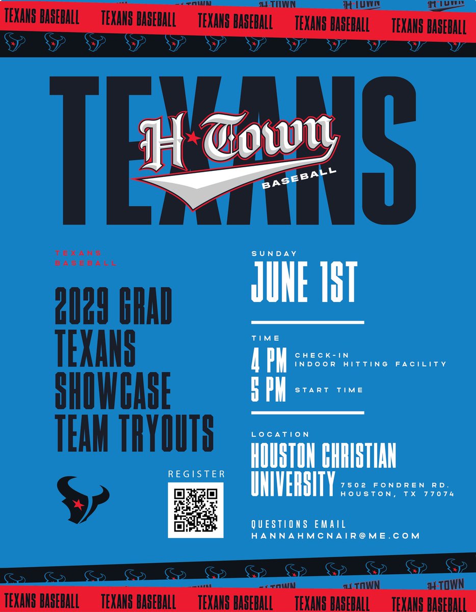 🗣️TEXANS SHOWCASE TEAM TRYOUTS FOR 2029 GRADS 🗣️

📆 June 1st 
⏰ 4 PM Check-in 
📍 Houston Christian University

Come be apart of Texans Baseball 🤘Register at the link in bio!