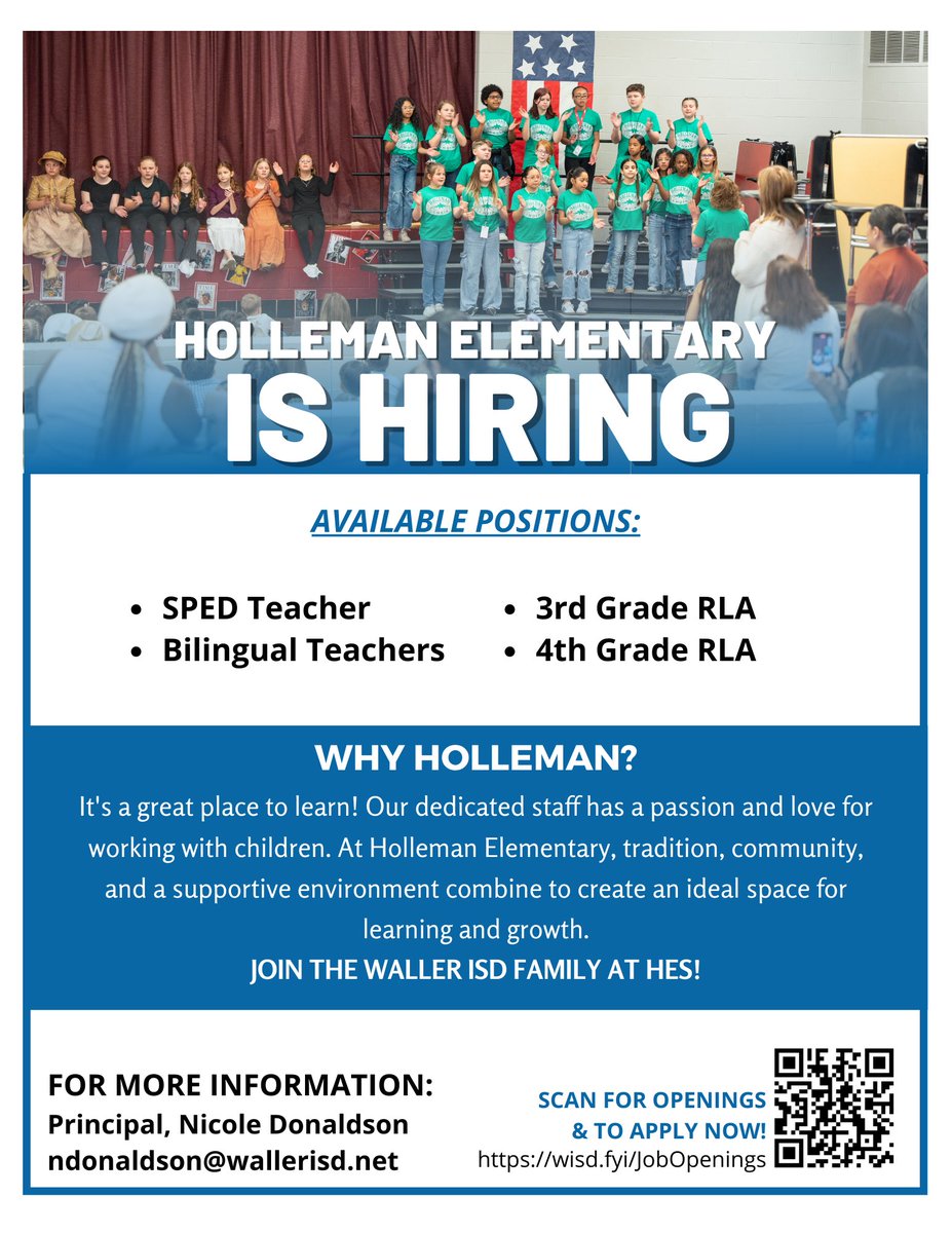 🍎 Looking for a school where you’re more than just a teacher? At Holleman Elementary, we’re a family—and we’re excited to grow it!

Apply here: wisd.fyi/JobOpenings

Tag a teacher who’d be perfect for our team!
#WallerISD #TeacherJobs #WeAreHiring #TeamHES #WISDgreatness