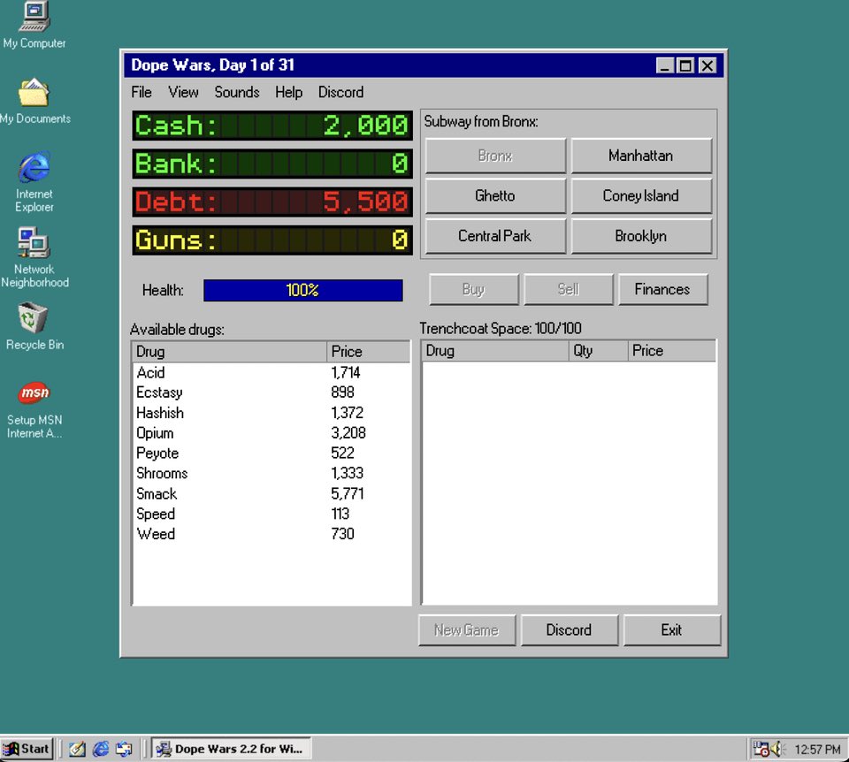 keymash's tweet image. Announcing our new game, a meticulous recreation of Dope Wars on Windows 98, playable in a web browser! The whole experience is here. Whether you’re in for a blast of nostalgia or new to the game, come try for a high score!