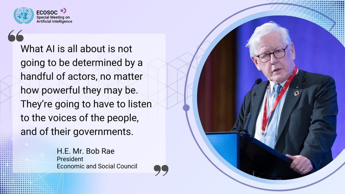 UNECOSOC's tweet image. At yesterday’s @UNECOSOC Special Meeting on #ArtificialIntelligence, we explored #AI's transformative role in achieving the #SDGs, focusing on equitable access, ethical governance, and bridging digital divides. Let's ensure we harness AI for inclusive growth and build a future…