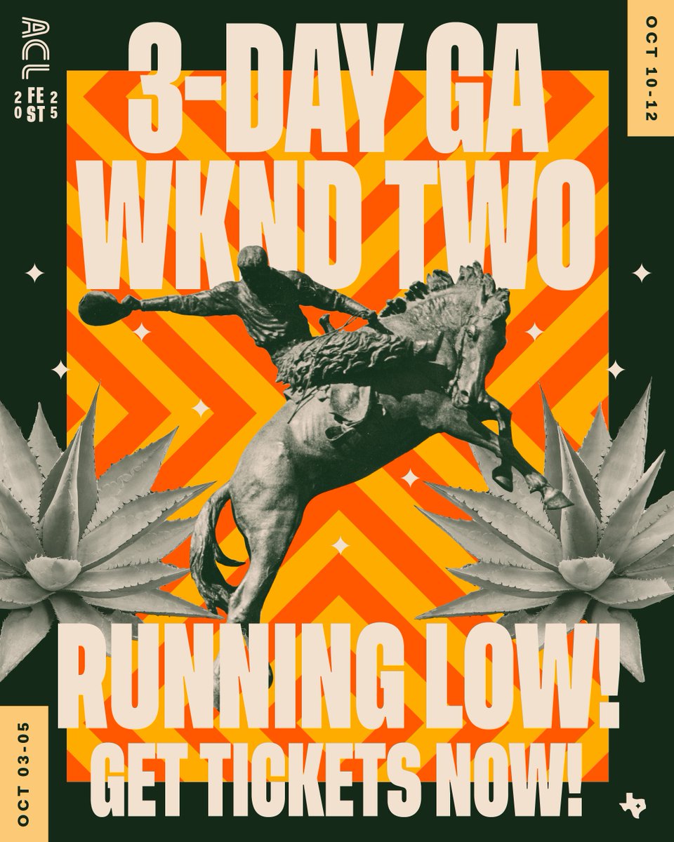 Yes, we're serious: this is your LAST chance to get 3-Day GA Tickets, on track to sell out VERY SOON 🚨
 
Don't miss your favorite artists take the stage, including exclusive Weekend Two sets by Pierce The Veil and Rilo Kiley. aclfestival.com