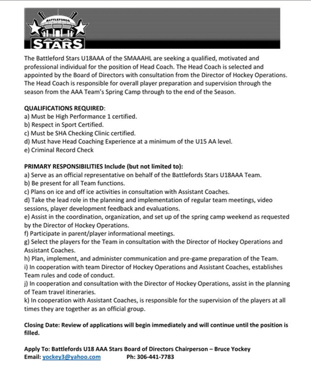 As of now, the Battlefords AAA Stars Head coach position is open. Please review this post for details. #aaastarshockey