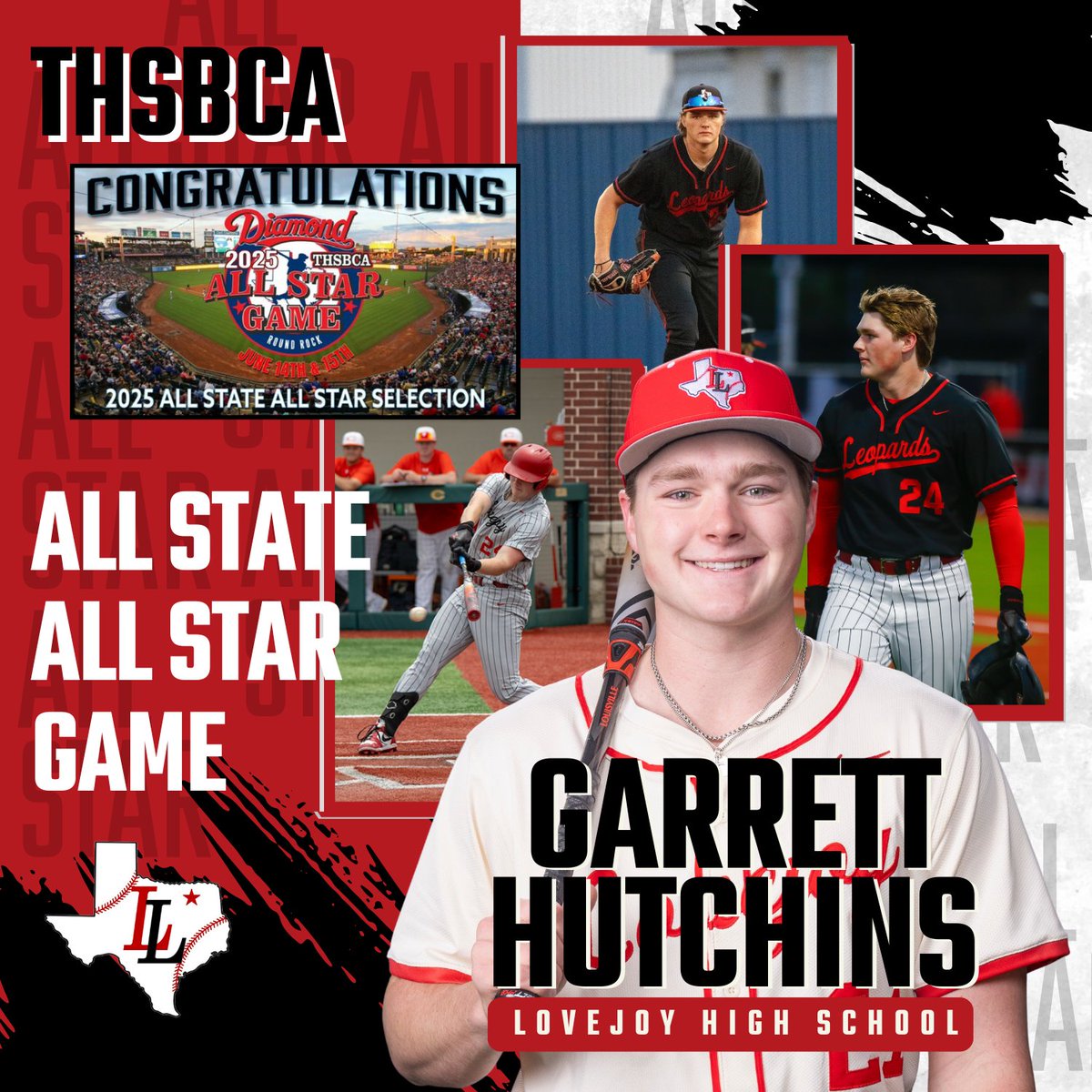 Lovejoy Leopards Diamond Baseball Booster Club (@lldiamondclub) on Twitter photo Huge congrats to Garrett for being selected to play in the THSBCA All-State All-Star Game! 🤩 We know you'll represent the Leopards incredibly well out there! So proud of you! ⚾️🎉 <a href="/GARRETTH2025/">Garrett Hutchins</a> #AllState #LeopardsBaseball 🐆 Huge congrats to Garrett for being selected to play in the THSBCA All-State All-Star Game! 🤩 We know you'll represent the Leopards incredibly well out there! So proud of you! ⚾️🎉 <a href="/GARRETTH2025/">Garrett Hutchins</a> #AllState #LeopardsBaseball 🐆