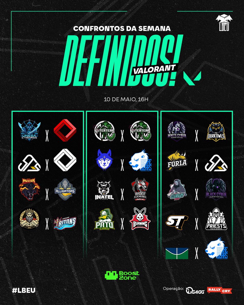 Confrontos da Semana LBEU Valorant!

É a hora de rankear os melhores dentro da nossa Ladder! Cada equipe joga uma partida por semana em busca dos seus pontos para ser o melhor rankeado no geral e garantir a sua vaguinha para os playoffs!

Neste sábado começa a gameplay, e vale