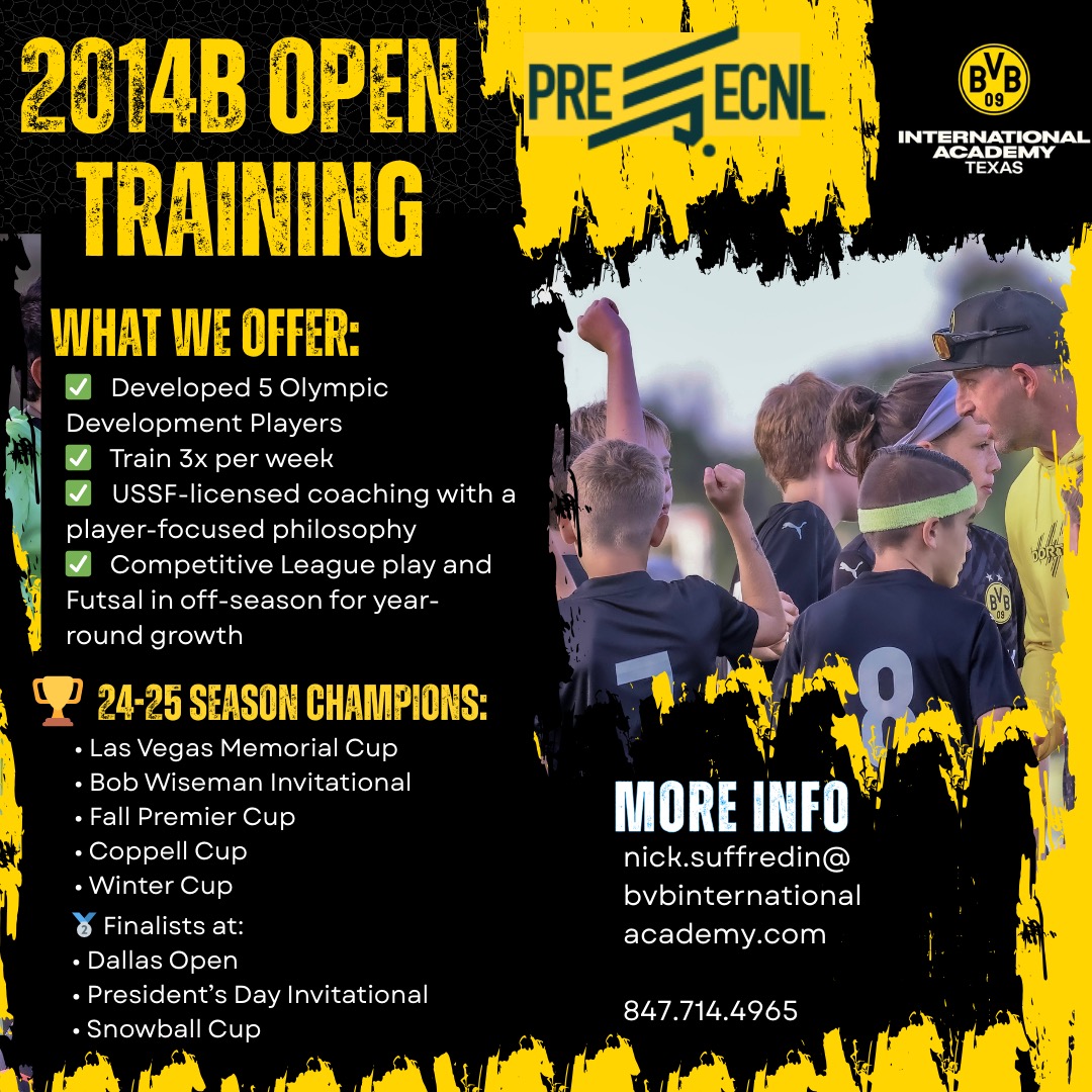 BVB International Academy North Texas (@bvbiantx) on Twitter photo ⚠️ COACH ANNOUNCEMENT ⚠️
Coach Nick Suffredin will continue to work with the 2014 Boys age group out of Flower Mound! Contact him for more info!
Nick.Suffredin@bvbinternationalacademy.com ⚠️ COACH ANNOUNCEMENT ⚠️
Coach Nick Suffredin will continue to work with the 2014 Boys age group out of Flower Mound! Contact him for more info!
Nick.Suffredin@bvbinternationalacademy.com
