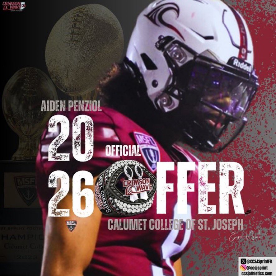 Aiden Penziol (@aidenpenziol) on Twitter photo After a great conversation with <a href="/CoachZackJ74/">Coach Zack Jennings Sr.✝🇺🇸🏈</a> I am blessed to say I have received an offer to play <a href="/CCSJSprintFB/">Calumet College of Saint Joseph Sprint FB 🌊</a> football! Thank you for this opportunity Coach!
<a href="/LPSlicersFB/">LaPorte Slicers Football</a> After a great conversation with <a href="/CoachZackJ74/">Coach Zack Jennings Sr.✝🇺🇸🏈</a> I am blessed to say I have received an offer to play <a href="/CCSJSprintFB/">Calumet College of Saint Joseph Sprint FB 🌊</a> football! Thank you for this opportunity Coach!
<a href="/LPSlicersFB/">LaPorte Slicers Football</a>