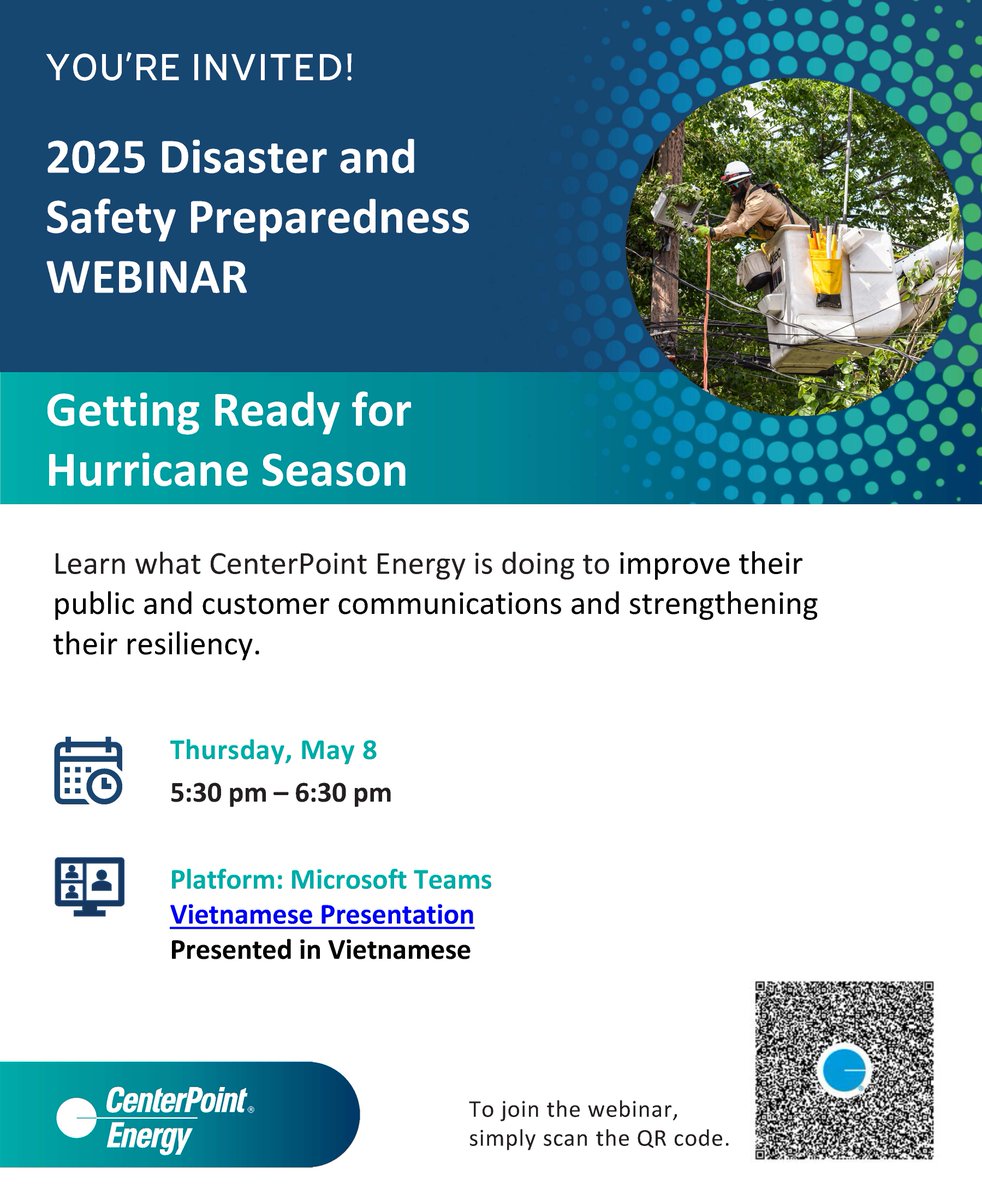 🌀 Join us for a Vietnamese-language webinar with CenterPoint Energy on May 8 at 5:30 PM! Learn how they're improving storm communications &amp; grid resiliency to keep everyone informed. 💻 Microsoft Teams
🔗 [Link] zurl.co/rPcdh