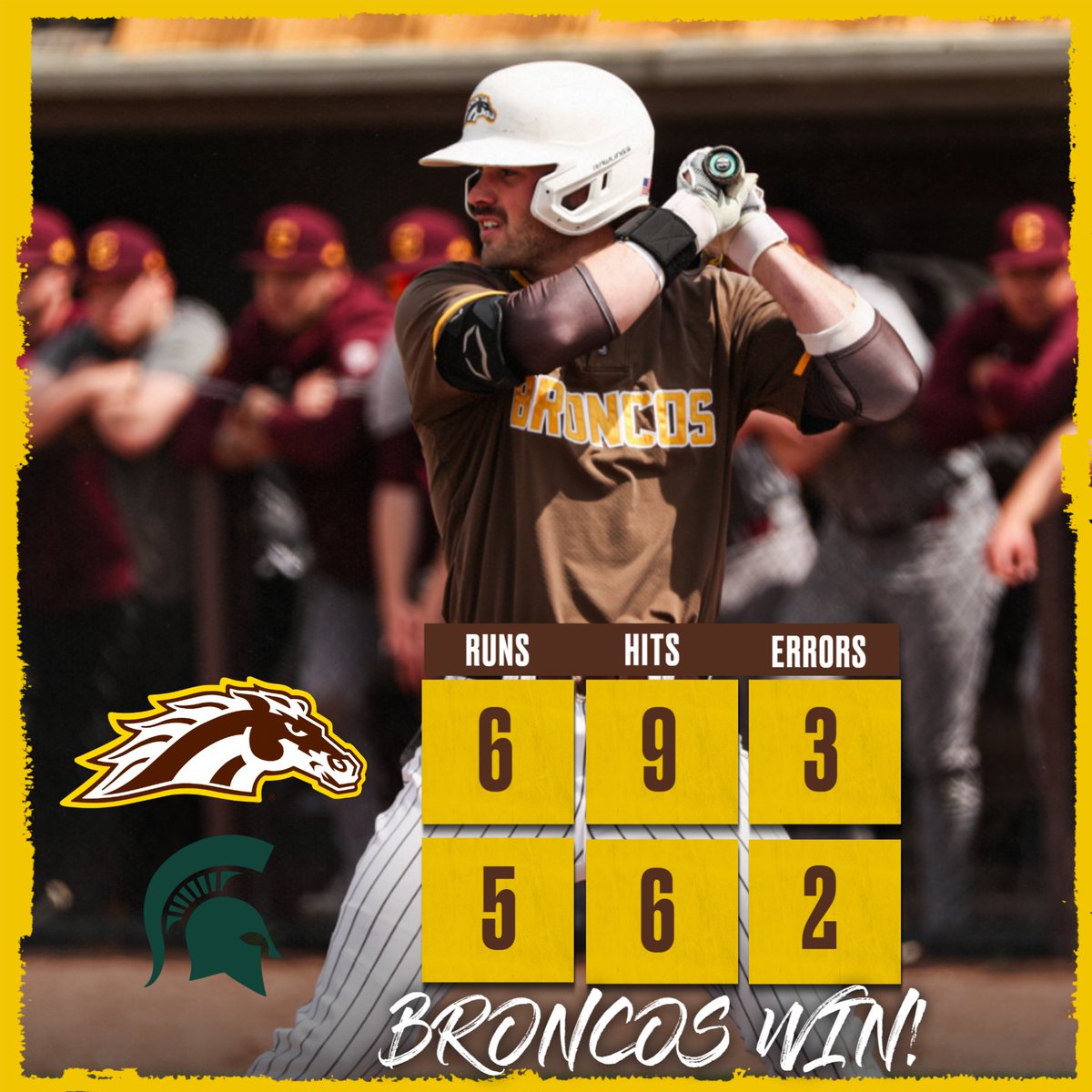 FLY THE FLAG!!! 🏴‍☠️🏴‍☠️🏴‍☠️ <a href="/DylanNevar/">Dylan Nevar</a> delivers a walk-off single in the bottom of the 12th for Western Michigan's sixth straight win!

#BroncosReign