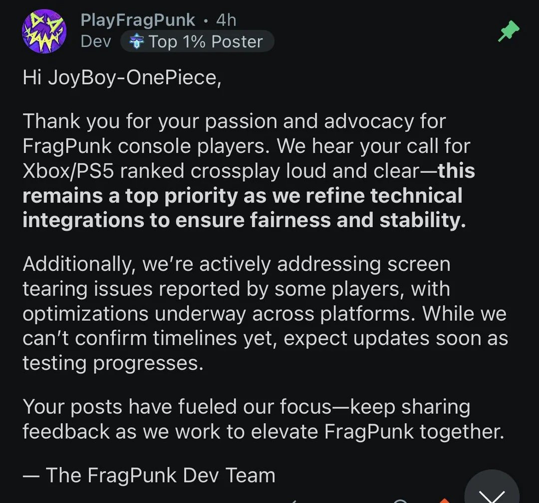 ‼ Xbox and PS5 ranked crossplay is a top priority for FragPunk! 

W communication from the devs, they've clearly heard and listened to the community!👏 #FragPunk
