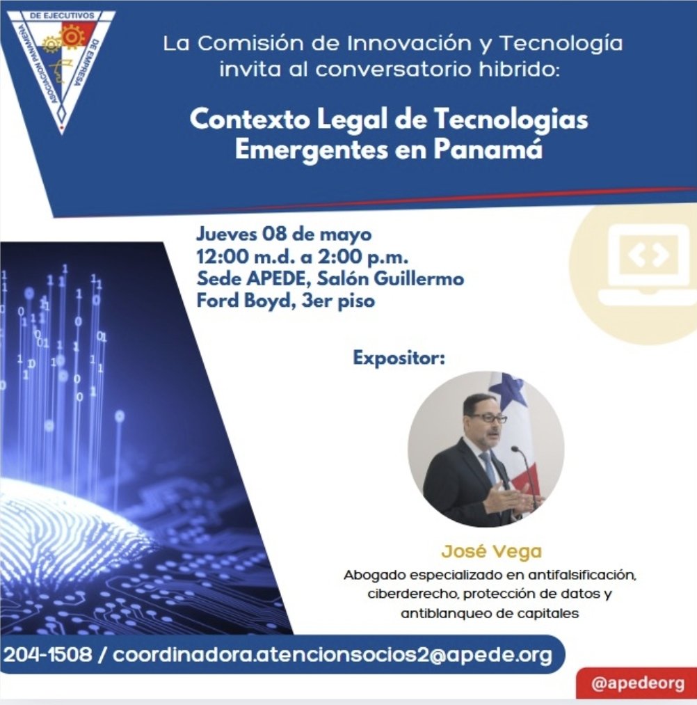 El 8 de mayo a las 12:00 p.m. estaré con la Comisión de Innovación y Tecnología de @apedeorg analizando el marco legal de las tecnologías emergentes en Panamá.

Hablaremos sobre IA, cripto y los proyectos de ley que aún esperan debate.

#Blockchain #NFT #IA #Criptomonedas #DAO