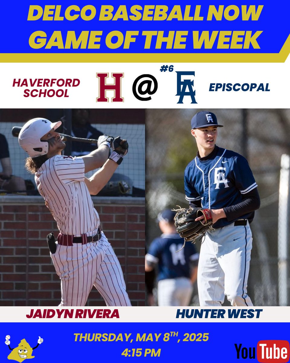 For the second straight season, we’re heading to Newtown Square to see one of the best rivalries in Delco Baseball ⚡️

Delco’s HR leader Jaidyn Rivera and The Haverford School will look to keep building momentum before the PAISAA state playoffs as they take on one of the most