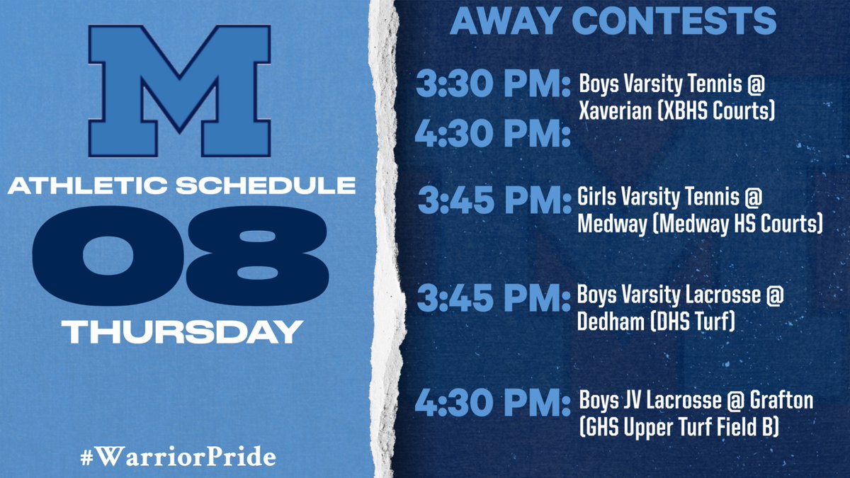 Medfield Athletics (@medfieldad) on Twitter photo Athletic Schedule (Away Contests) for Thursday, May 8:
<a href="/coachmace/">Michael Mason</a> <a href="/MedfieldBoysTen/">Medfield Boys Tennis</a> <a href="/MedfieldGTennis/">@MedfieldGirlsTennis</a> <a href="/Med_Lax/">Medfield HS Lacrosse</a> <a href="/Xaverian_Hawks/">Xaverian Hawks</a> <a href="/MedwayAthletics/">Medway Athletics</a> <a href="/DedhamAthletics/">DedhamAthletics</a> <a href="/GraftonAthleti1/">Grafton Athletics</a> Athletic Schedule (Away Contests) for Thursday, May 8:
<a href="/coachmace/">Michael Mason</a> <a href="/MedfieldBoysTen/">Medfield Boys Tennis</a> <a href="/MedfieldGTennis/">@MedfieldGirlsTennis</a> <a href="/Med_Lax/">Medfield HS Lacrosse</a> <a href="/Xaverian_Hawks/">Xaverian Hawks</a> <a href="/MedwayAthletics/">Medway Athletics</a> <a href="/DedhamAthletics/">DedhamAthletics</a> <a href="/GraftonAthleti1/">Grafton Athletics</a>