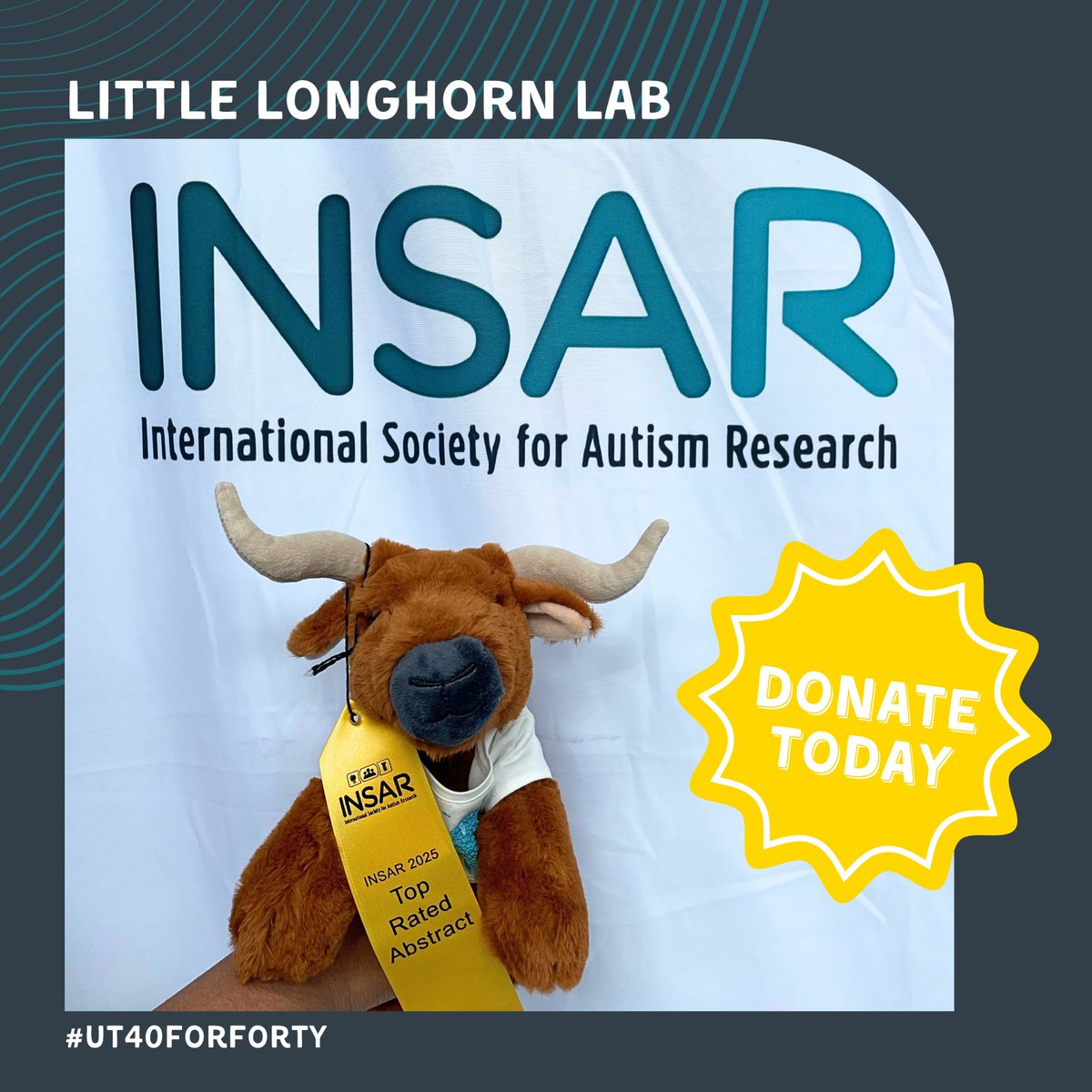 Baby Bevo had a blast learning about the latest breakthroughs in autism research at INSAR last week! Support him and the rest of the Little Longhorn Lab!

Help us close the gap between research and real life—one family at a time.
🔗 tinyurl.com/3jy6ydjs