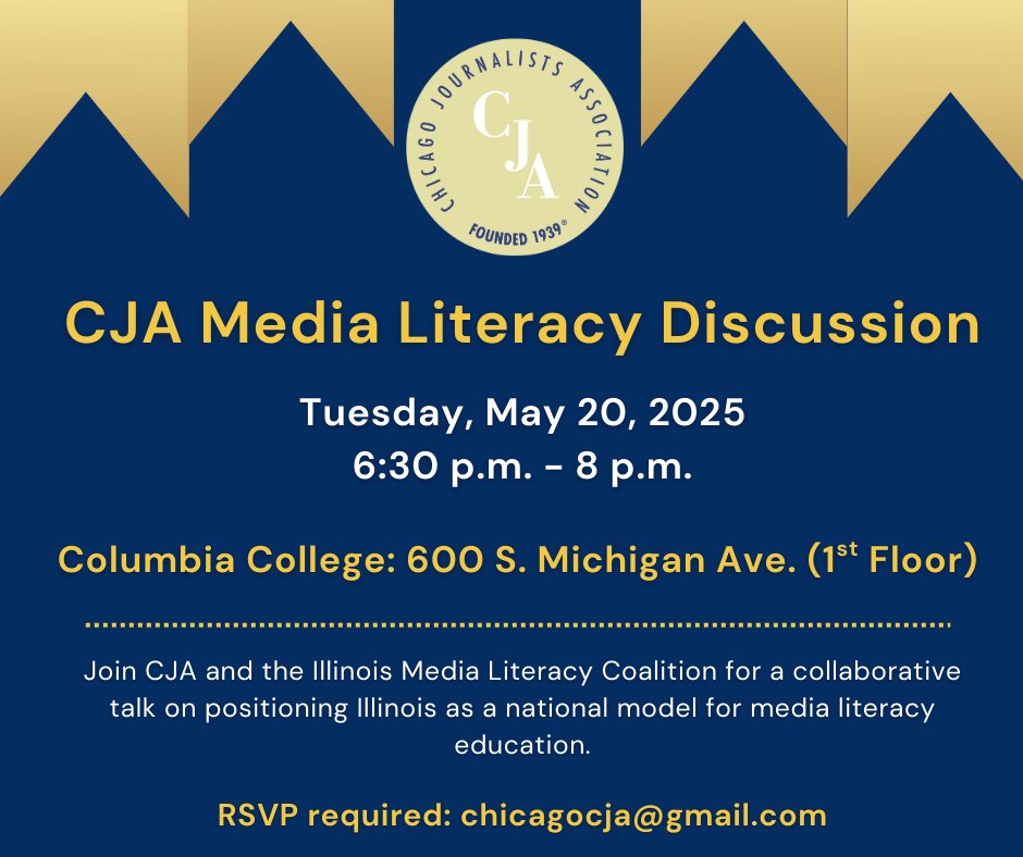 Chicago Journ Assoc (@cja_updates) on Twitter photo MEMBERS! #MediaLiteracy is more important than ever. What is Illinois doing to implement it in schools?
Join us & the Illinois Media Literacy Coalition for a talk on positioning Illinois as a national model for media literacy education.
Come & learn! RSVP: chicagocja@gmail.com MEMBERS! #MediaLiteracy is more important than ever. What is Illinois doing to implement it in schools?
Join us & the Illinois Media Literacy Coalition for a talk on positioning Illinois as a national model for media literacy education.
Come & learn! RSVP: chicagocja@gmail.com